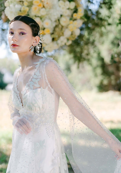 Willowyn Floral Embroidered Wedding Dress with Dragonfly Sparkle cape sleeves