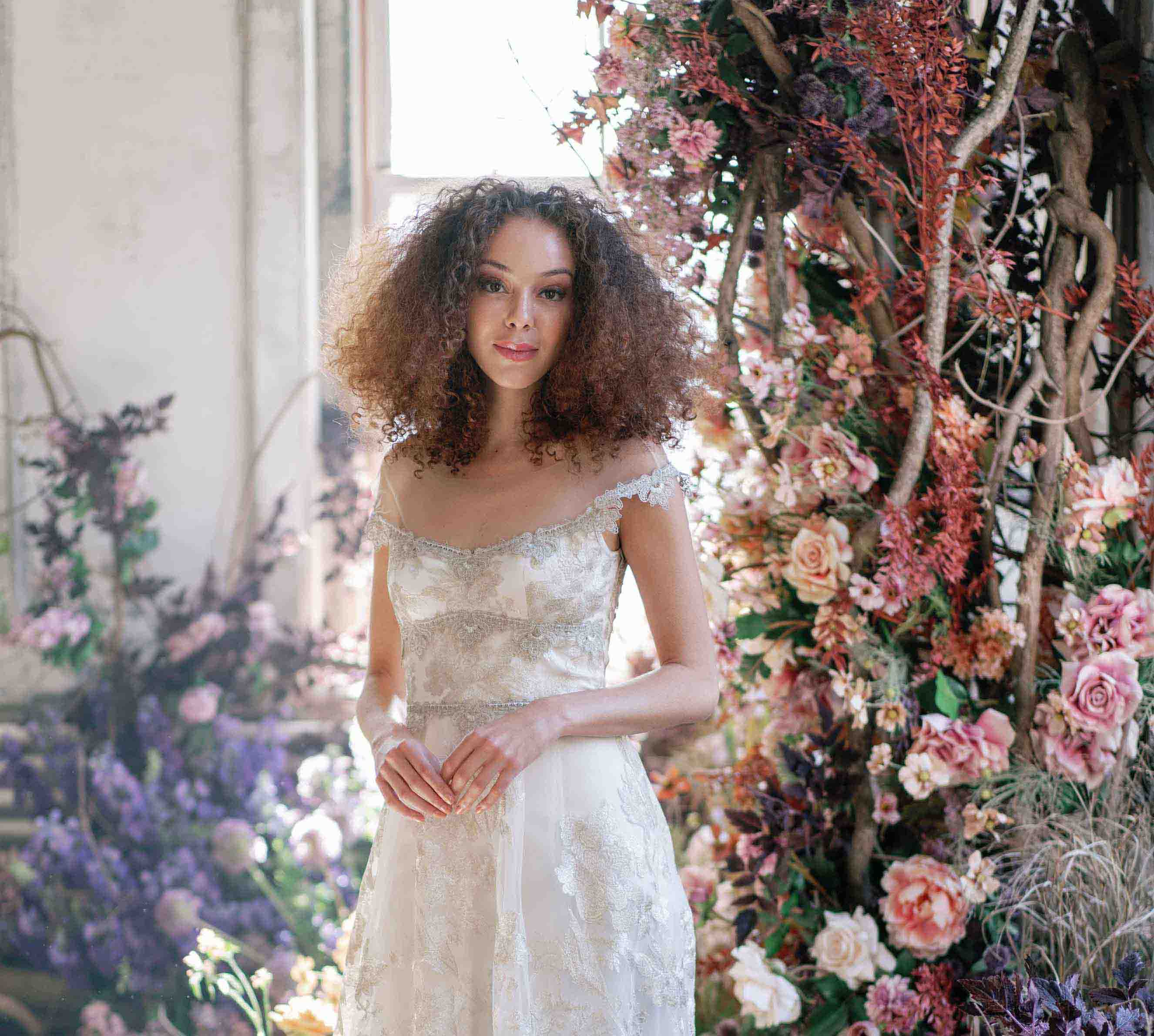 Vermeil Lace Embellished Gold Wedding Dress by Claire Pettibone