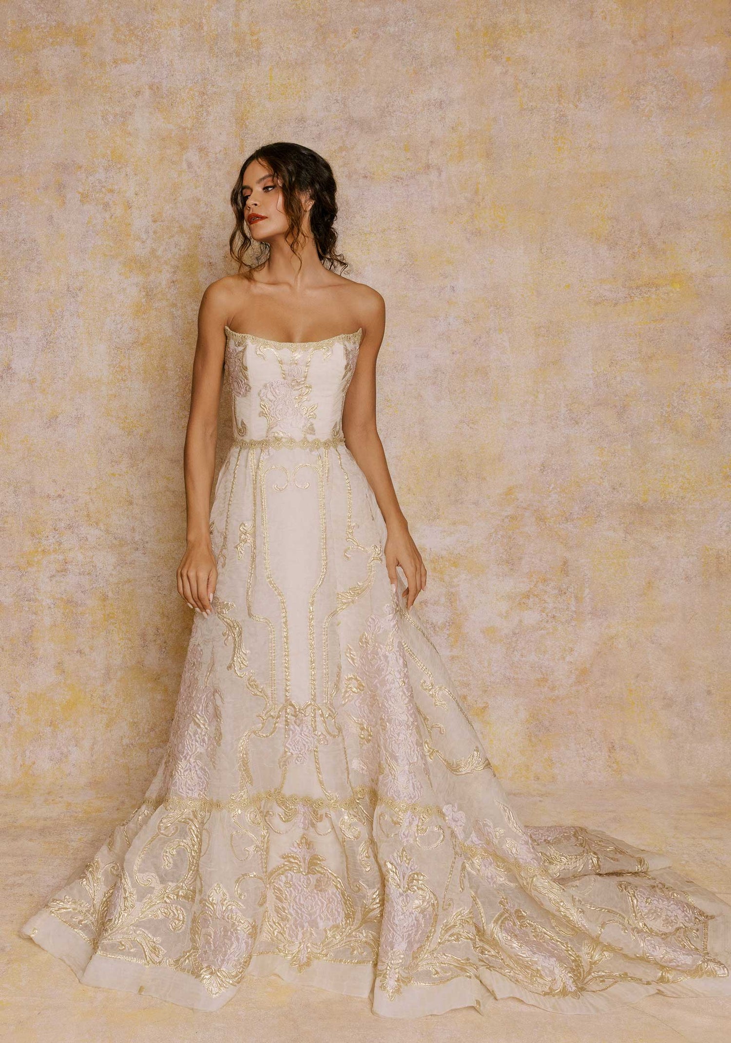 Désirée Wedding Gown Elegant Ivory Silk Organza Gold Lace Trim Gown