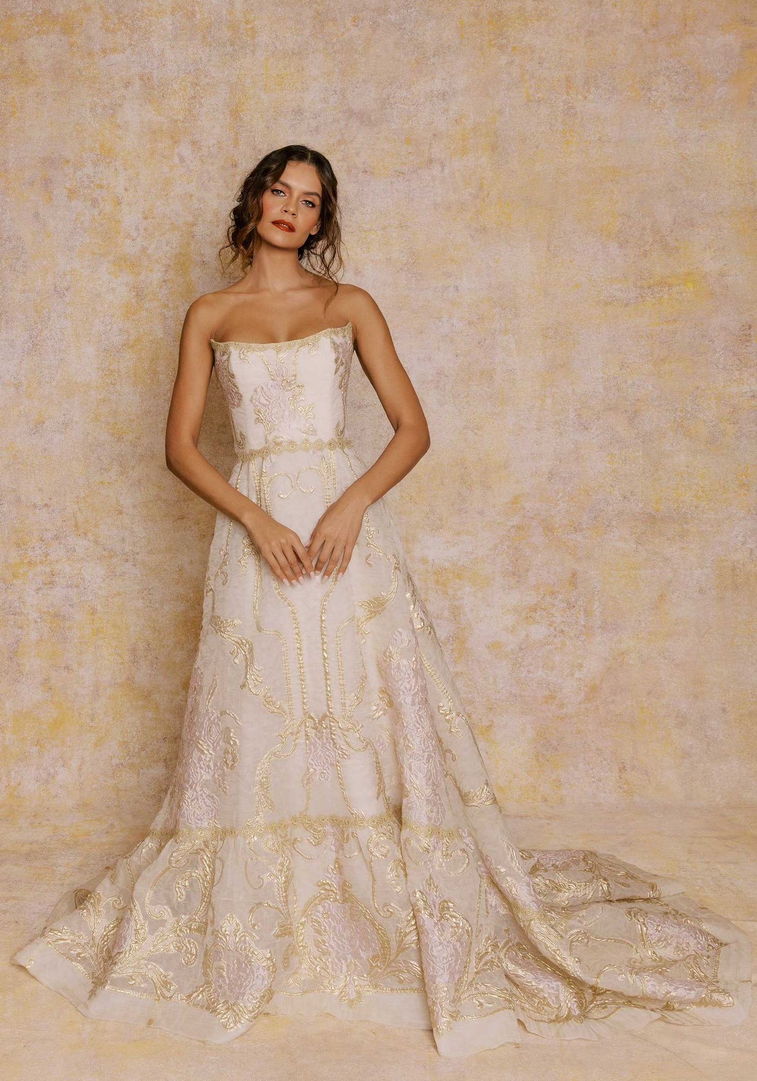 Dsire Wedding Gown Elegant Ivory Silk Organza & Gold Lace Trim Gown Dsire Wedding Gown Elegant Ivory Silk Organza & Gold Lace Trim Gown