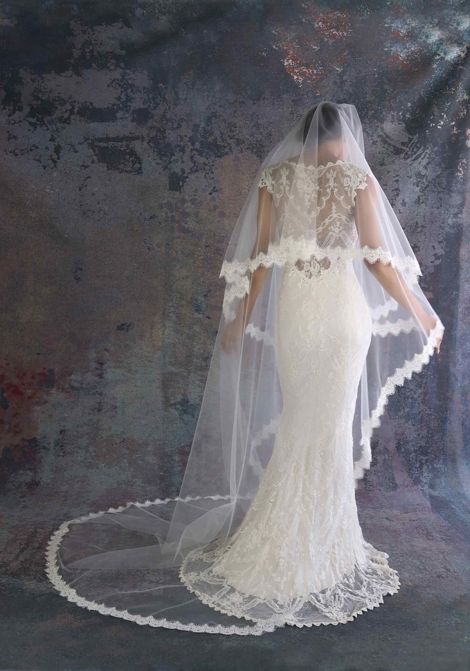 Claire Pettibone Accessories Eloquence Lace Edge Cathedral Wedding Veil Gold / Classic Cathedral (100/254cm)