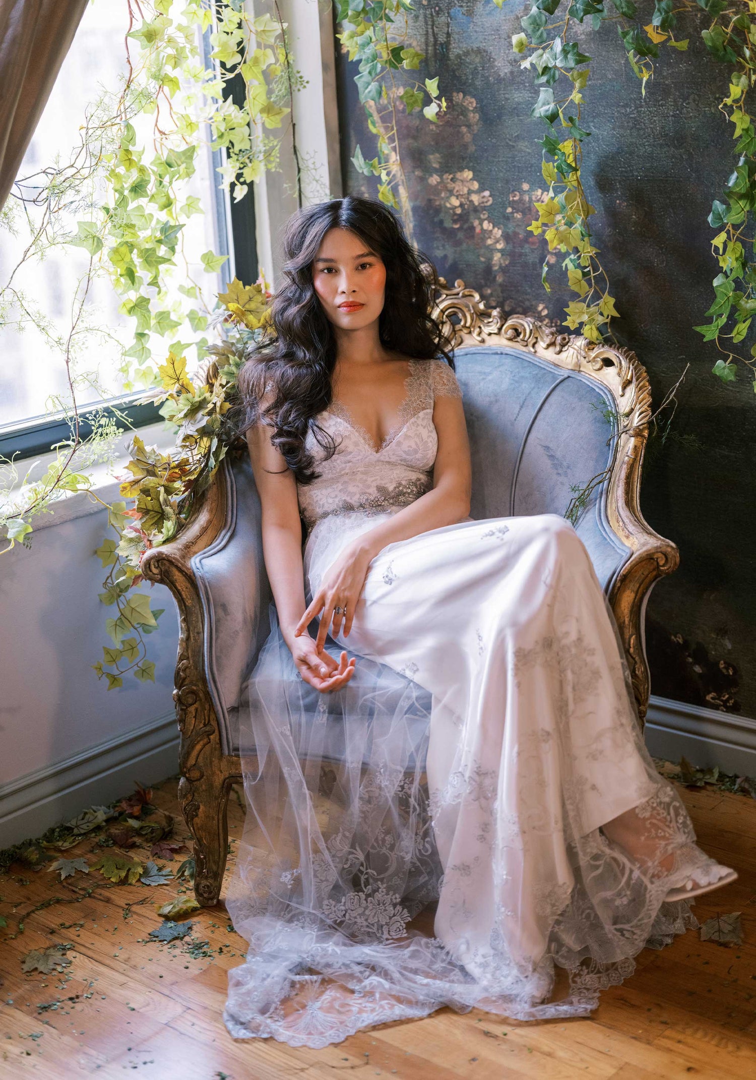Claire Pettibone Juniper Wedding Gown | Silver Lace & Ribbon A-line Claire Pettibone Juniper Wedding Gown | Silver Lace & Ribbon A-line