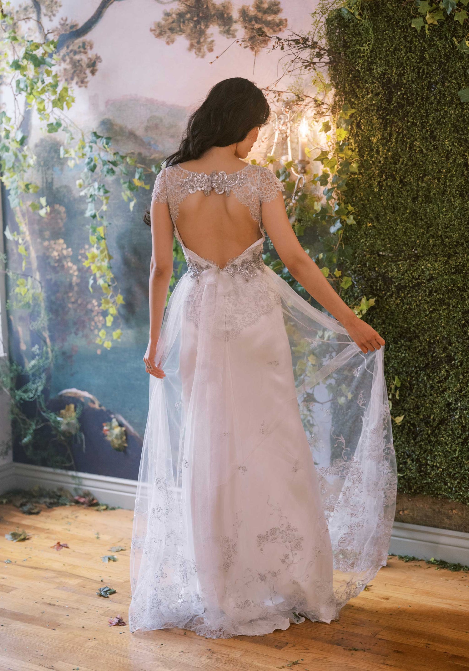 Claire Pettibone Juniper Wedding Gown | Silver Lace & Ribbon A-line Claire Pettibone Juniper Wedding Gown | Silver Lace & Ribbon A-line