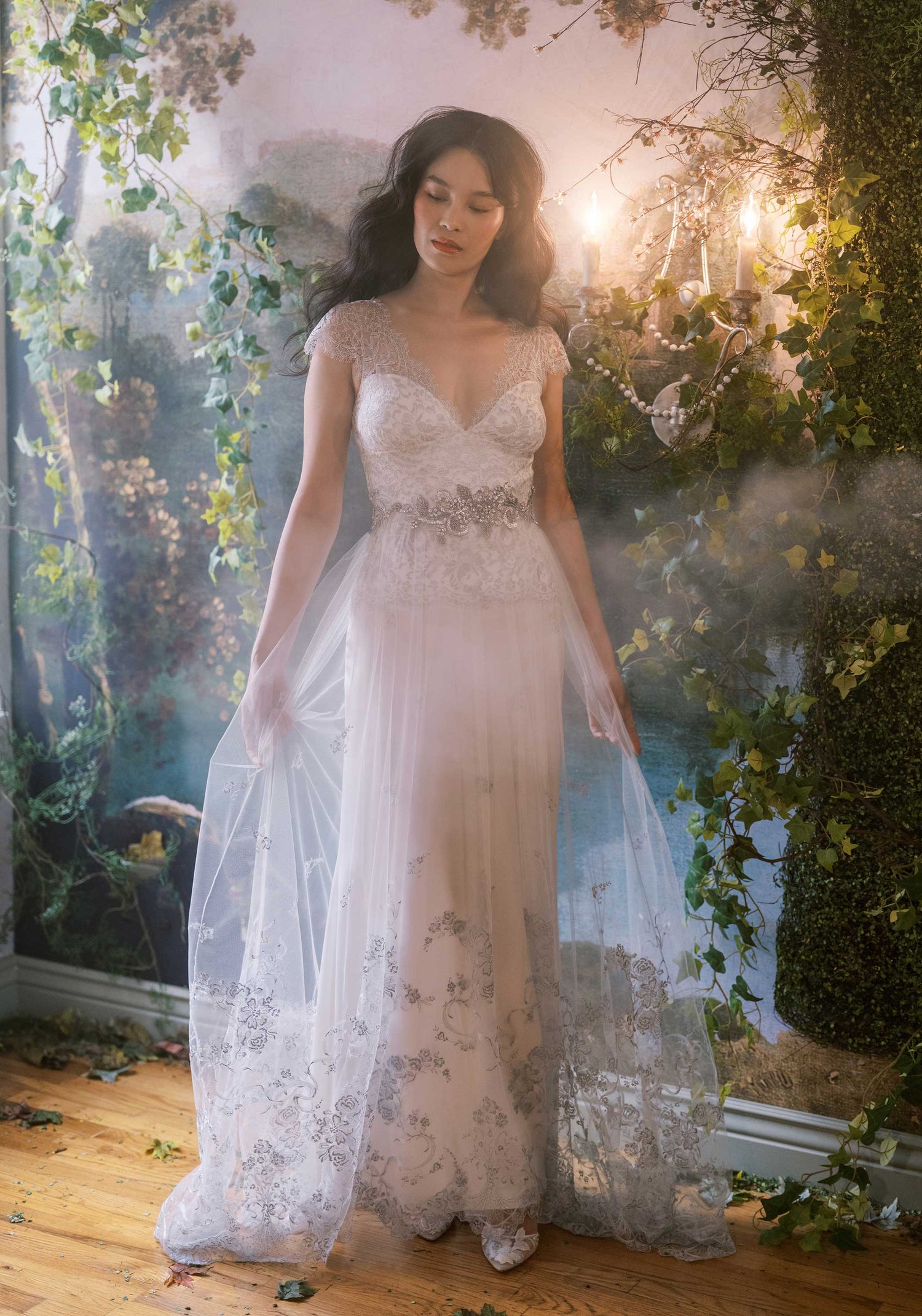 White Silver Tulle Wedding Dress Claire Pettibone Juniper Wedding Gown Silver Lace Ribbon A-line White Silver Tulle Wedding Dress Claire Pettibone Juniper Wedding Gown Silver Lace Ribbon A-line