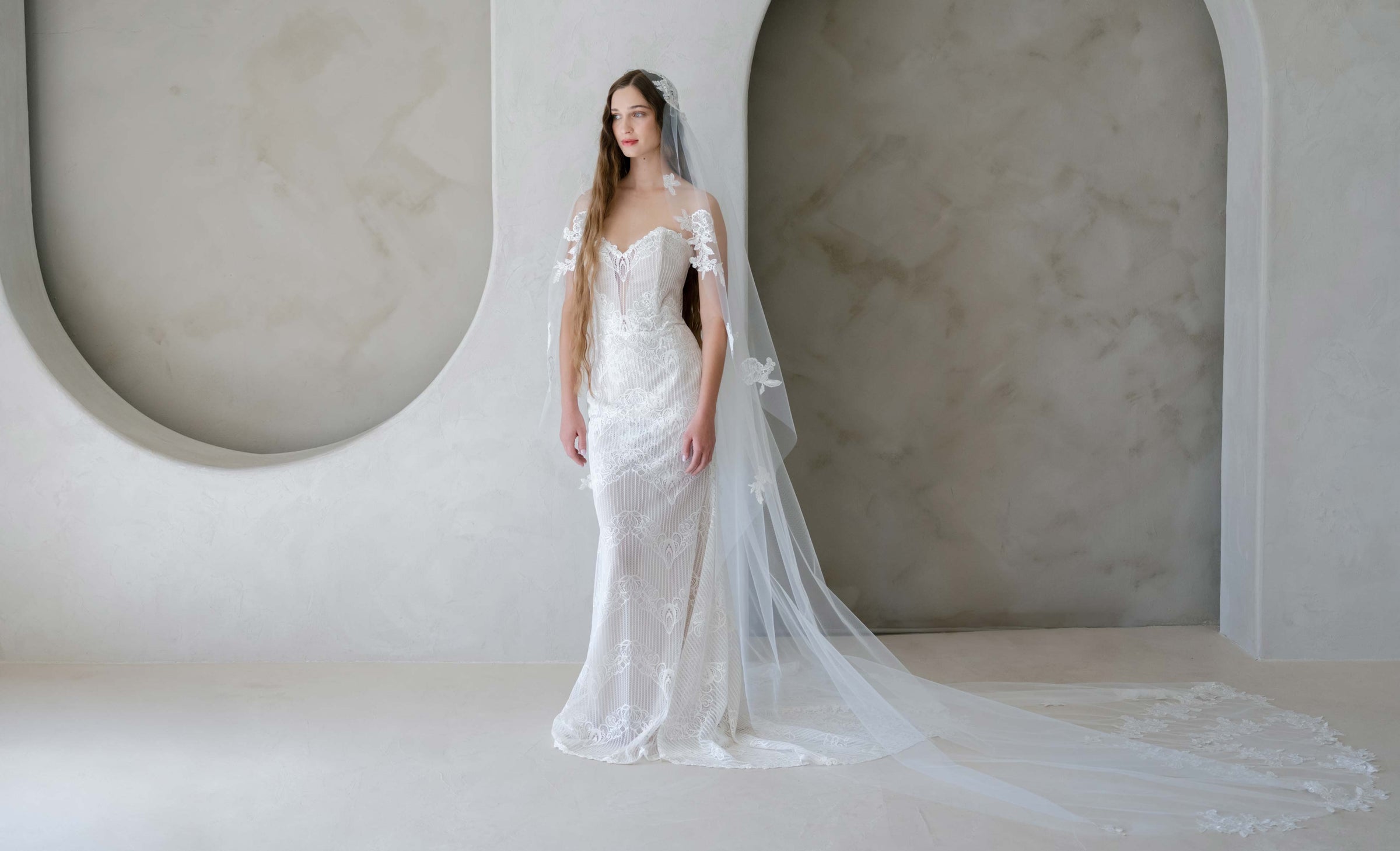 Emily Strapless Lace Wedding Dress – Sculpted Corset Gown with Train