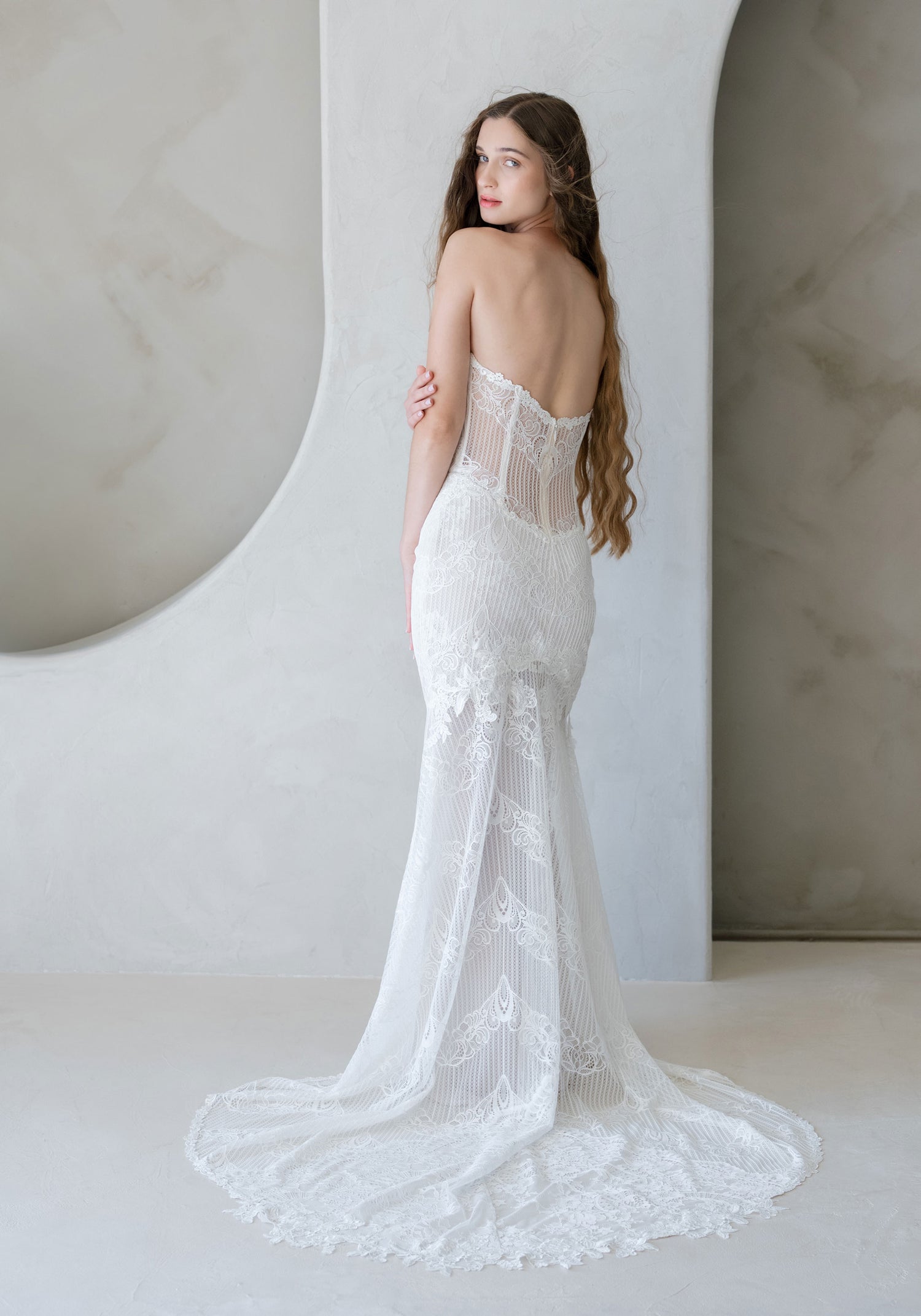 Emily Strapless Lace Wedding Dress Sculpted Corset Gown with Train Emily Strapless Lace Wedding Dress Sculpted Corset Gown with Train
