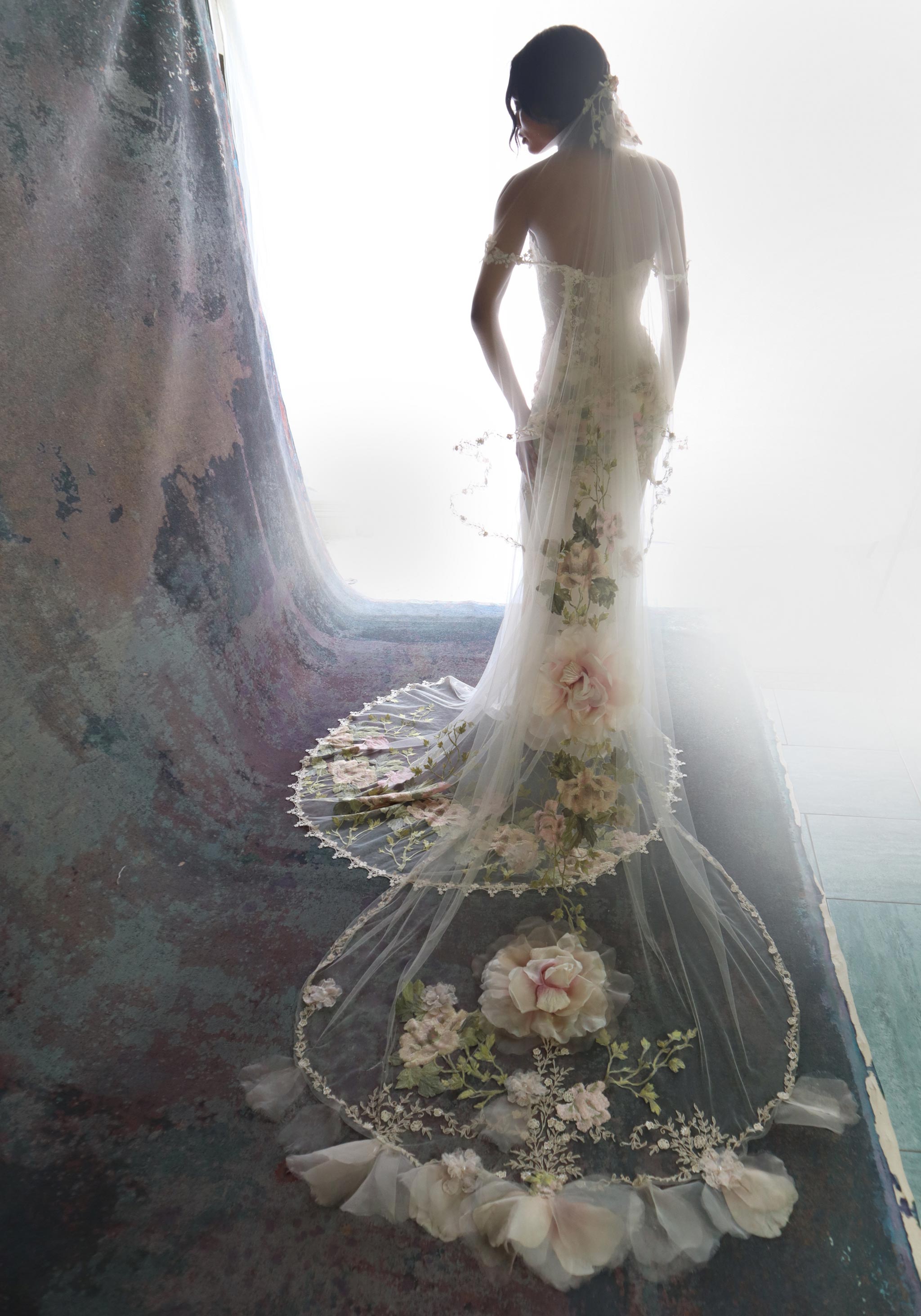 Claire Pettibone Couture Enchanted Moon Ivory Bridal Cape | Bridal Cloak | Claire Pettibone Veil - Juliet