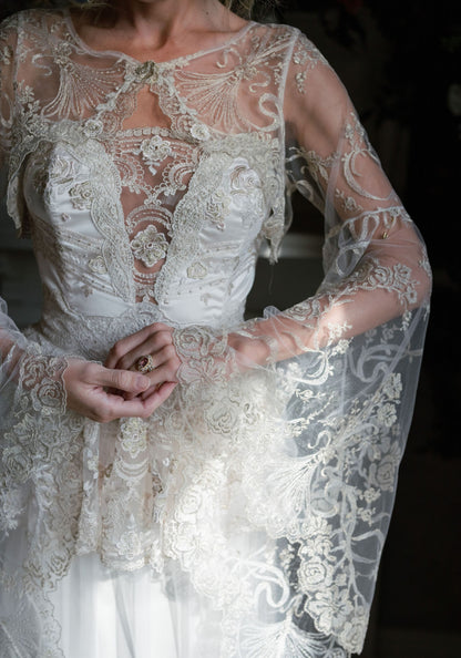 Front of the Filigree Bolero showing antique gold embroidery and bateau neckline
