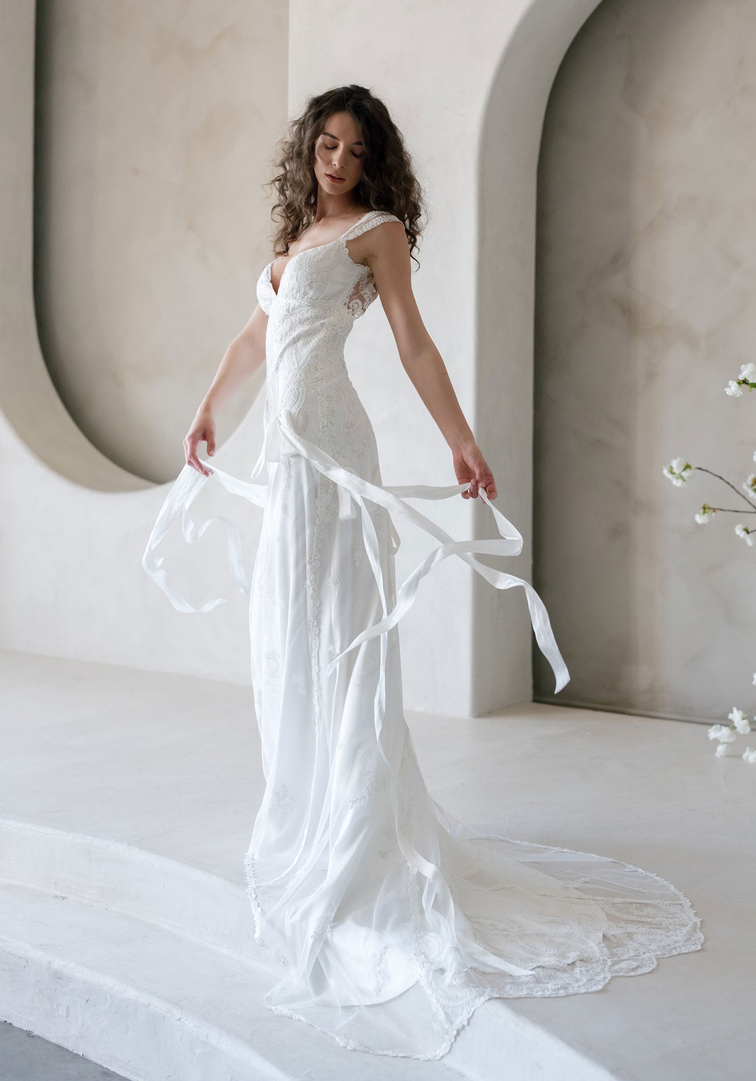 Gwendolyn Embroidered Wedding Dress – Ethereal Silk & Lace Bridal Gown ...