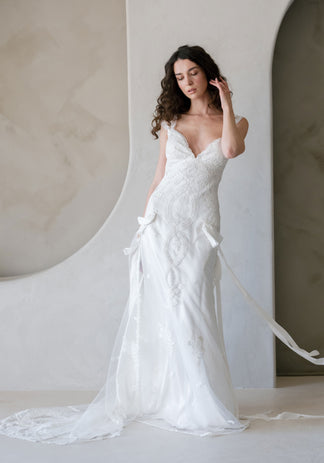 Gwendolyn Embroidered Wedding Dress – Ethereal Silk & Lace Bridal Gown ...