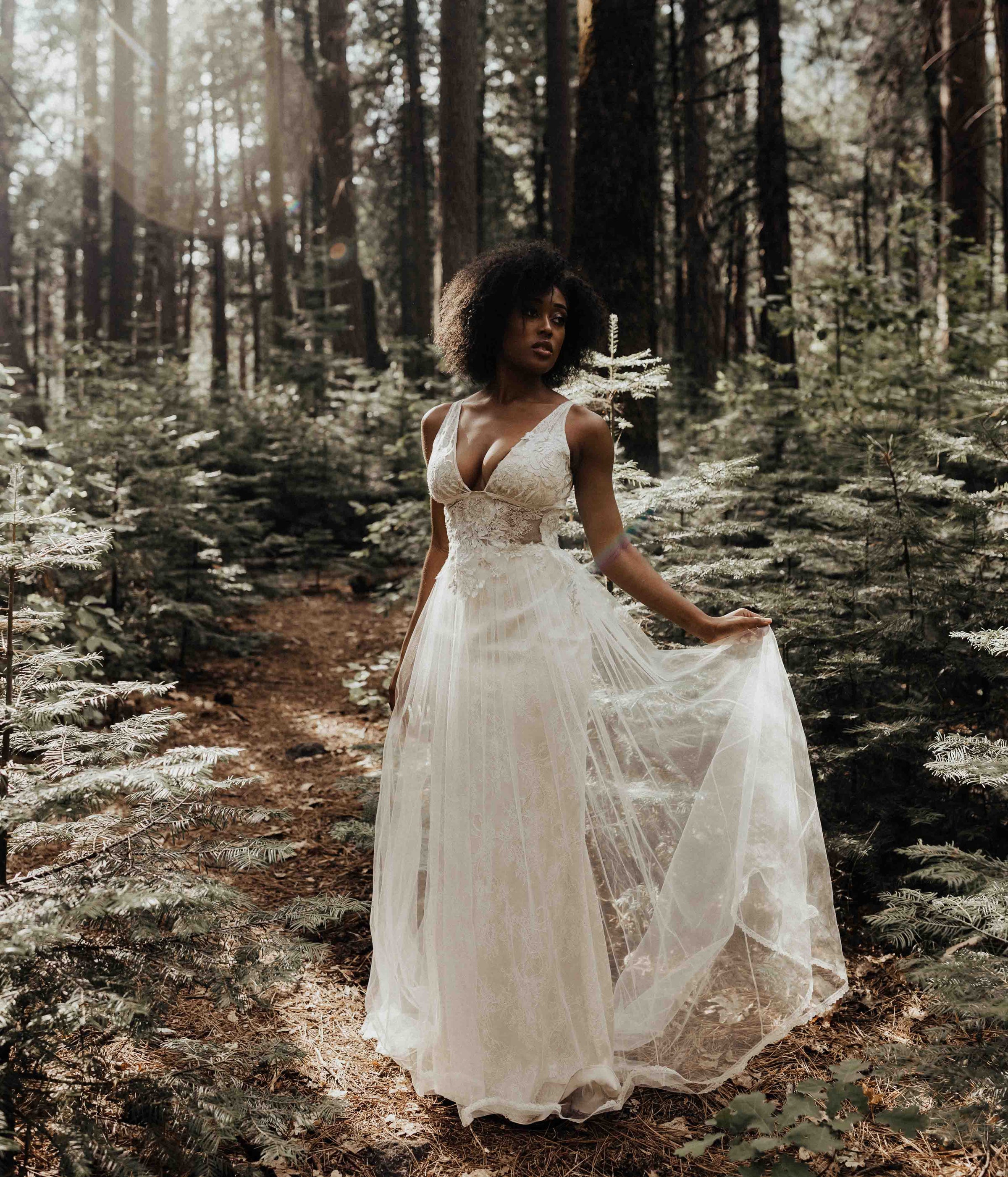 Champagne A-Line Wedding Gown w/ Lace Bodice & Plunging Neckline