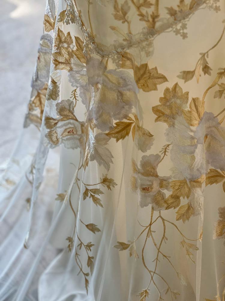 Wedding Dress Embroidery Detail with Gold and Ivory threads
