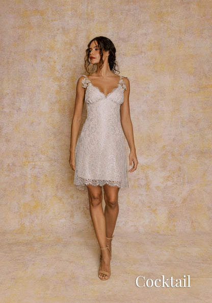 Cocktail length lace party dress in silver color.