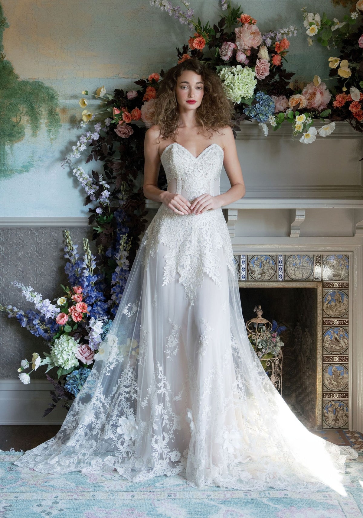 Narcisse strapless sweetheart wedding dress in ivory French embroidery and chiffon with sweeping train by Claire Pettibone