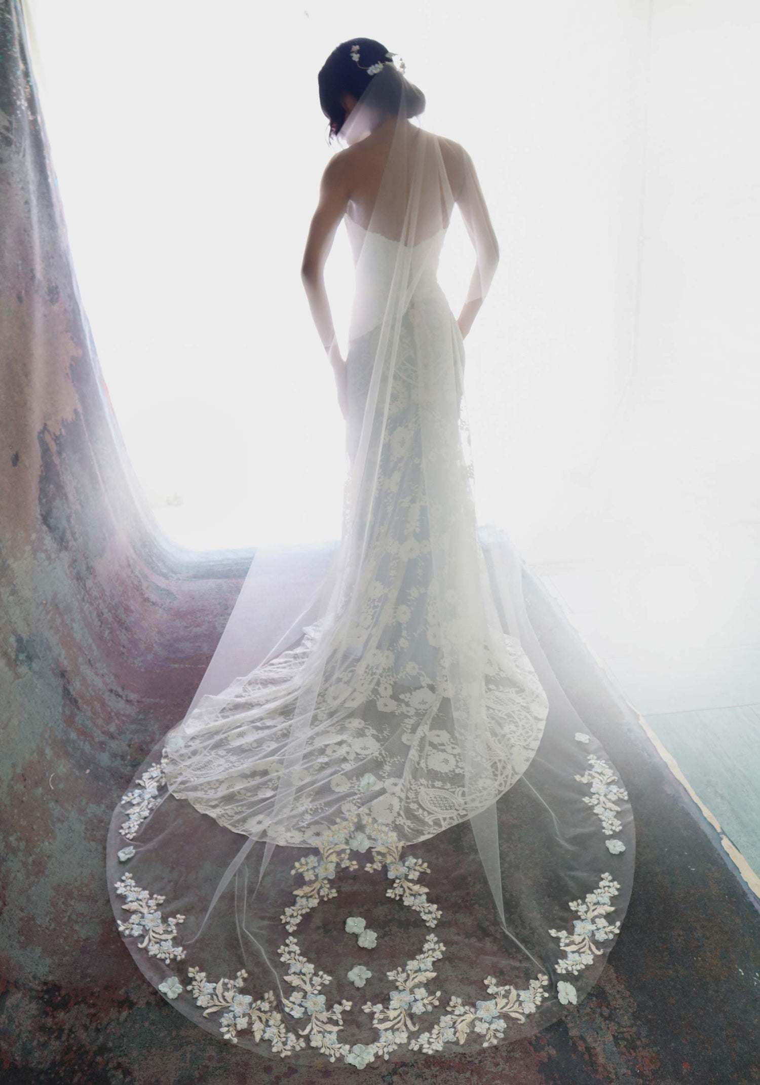 Odessa Embellished Lace Veil | Scalloped Lace Veil | Claire Pettibone Ivory/Blue / Juliet Cathedral (100"/254cm) Odessa Embellished Lace Veil | Scalloped Lace Veil | Claire Pettibone Ivory/Blue / Juliet Cathedral (100"/254cm)