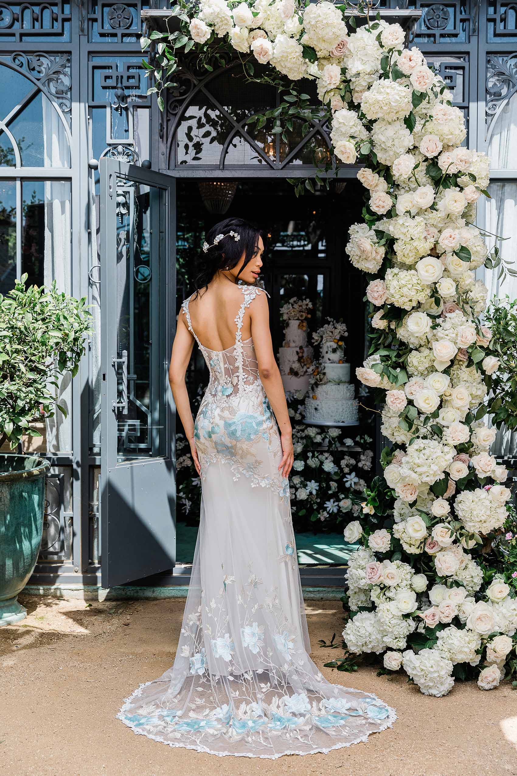 Odessa Colorful Blue Wedding Dress with Floral Detail A-line Corset