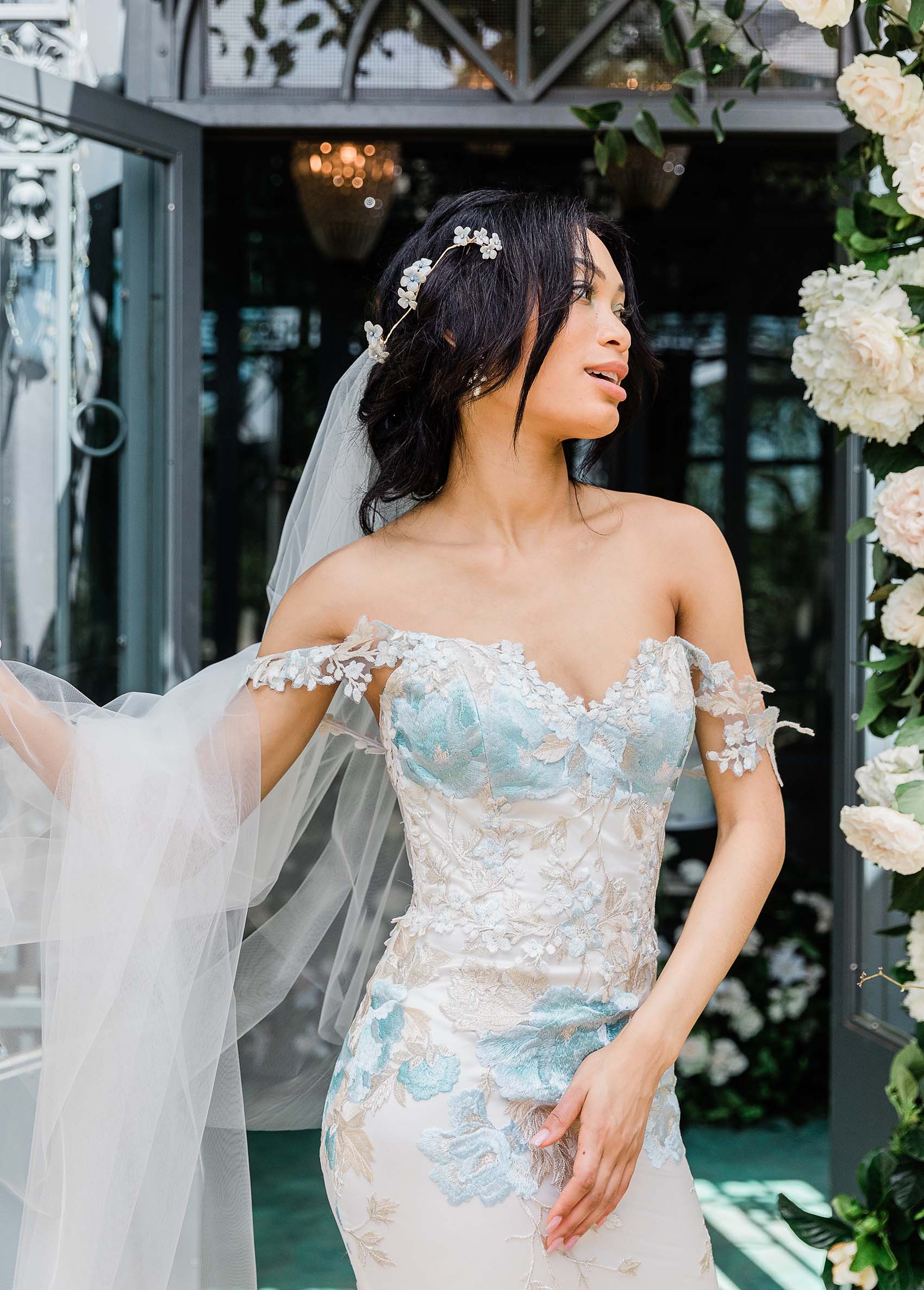 Odessa Colorful Blue Wedding Dress with Floral Detail A-line Corset