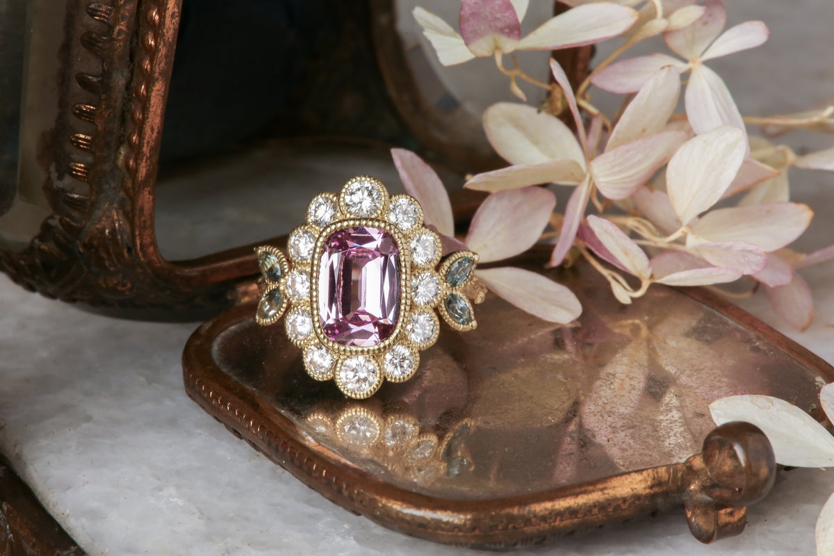 Peony natural pink spinel with diamond halo engagement ring – Claire ...