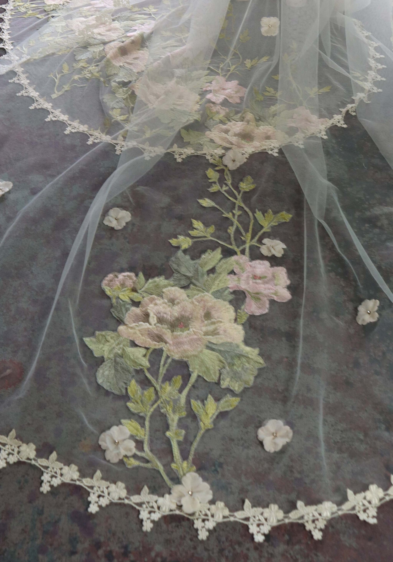 Claire Pettibone Accessories Primavera Embroidered Floral Veil | Scalloped Lace | Claire Pettibone Blush/Sage / Classic Cathedral (100/254cm)