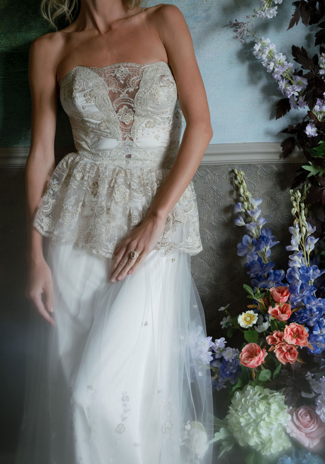 Detail of the Primrose embroidered corset bodice, embellished waist and peplum