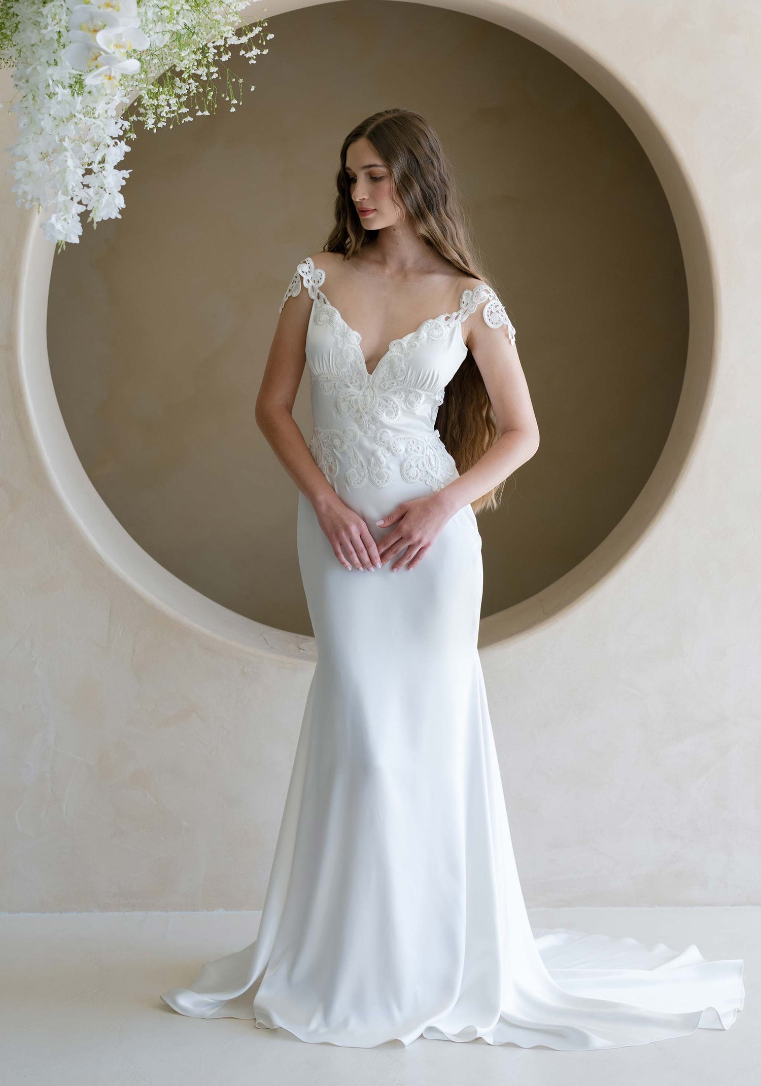Soliloquy Silk Wedding Gown Elegant Off-the-Shoulder Bridal Dress Soliloquy Silk Wedding Gown Elegant Off-the-Shoulder Bridal Dress