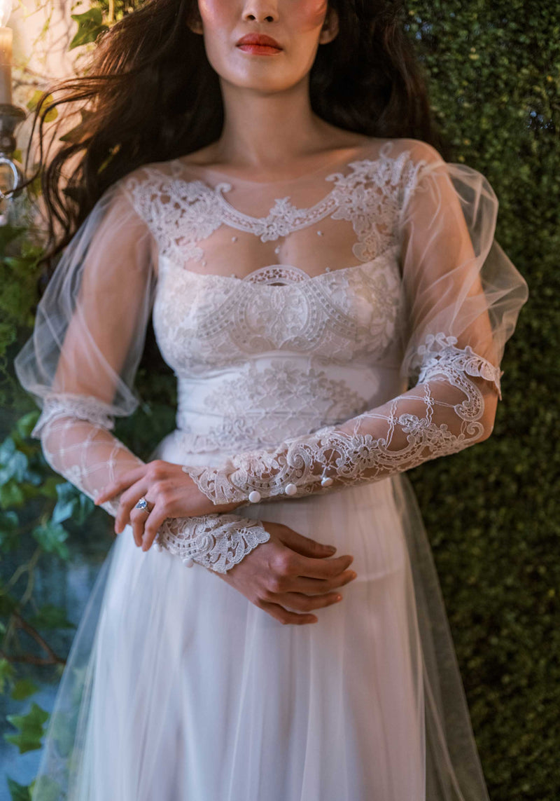 chinese dress ladies Sparkle Ball Gown Wedding Dress with Sheer Long Sleeve White / 10