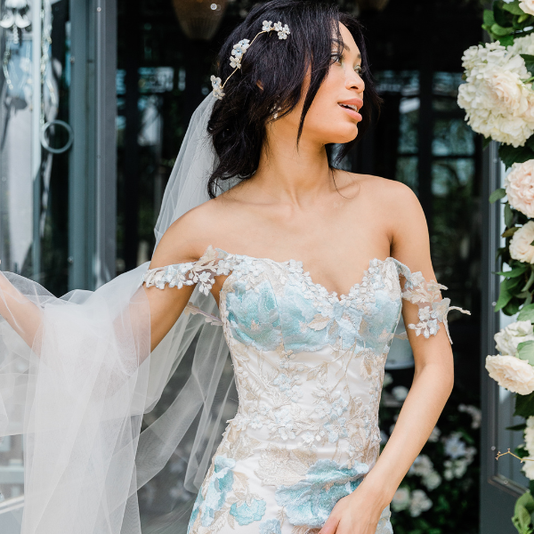 Odessa Colorful Blue Wedding Dress with Floral Detail A-line Corset Odessa Colorful Blue Wedding Dress with Floral Detail A-line Corset