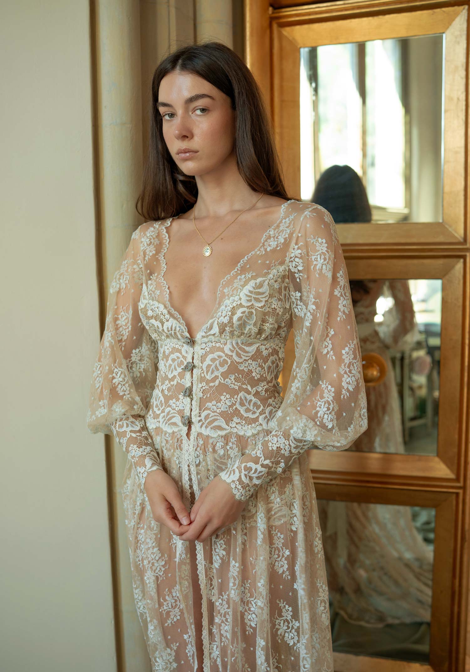 Fine Chantilly lace boudoir robe with pale blue floral accents and French ivory stretch lace details.