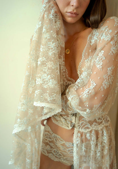 Fine Chantilly lace boudoir robe with pale blue floral accents and French ivory stretch lace details.
