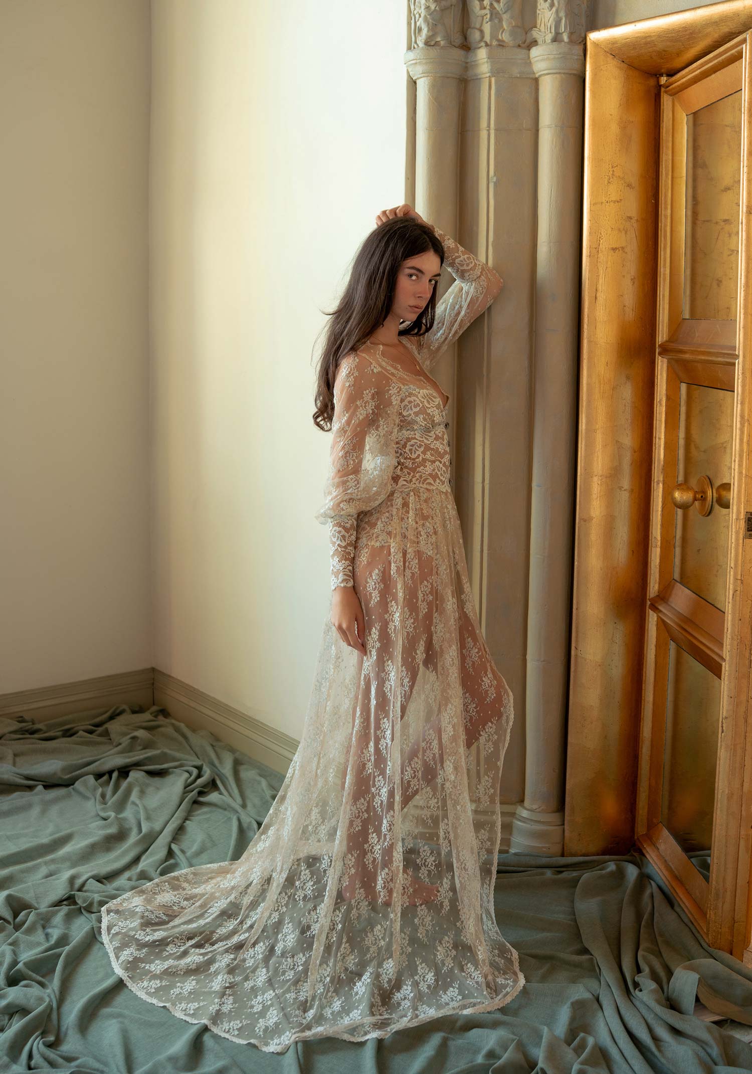 Fine Chantilly lace boudoir robe with pale blue floral accents and French ivory stretch lace details.
