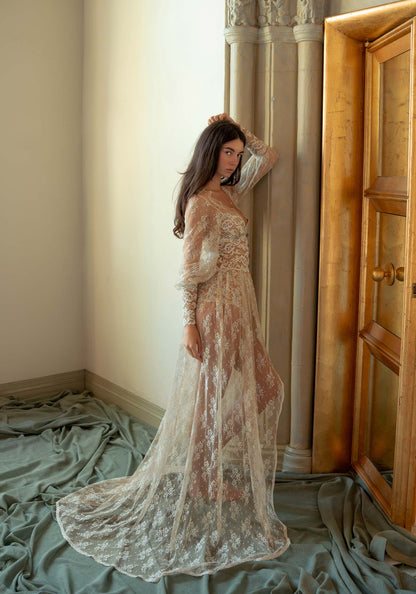 Fine Chantilly lace boudoir robe with pale blue floral accents and French ivory stretch lace details.