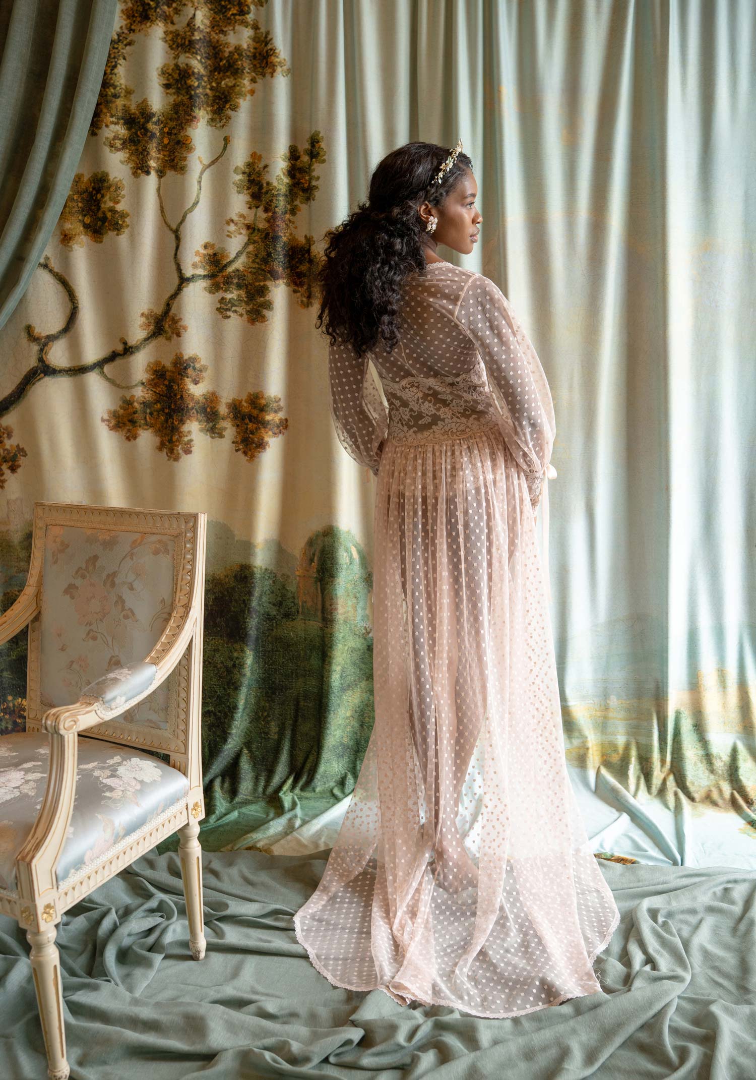 Blush pink dotted tulle boudoir robe with floral lace trim and delicate silk ribbon bow details.