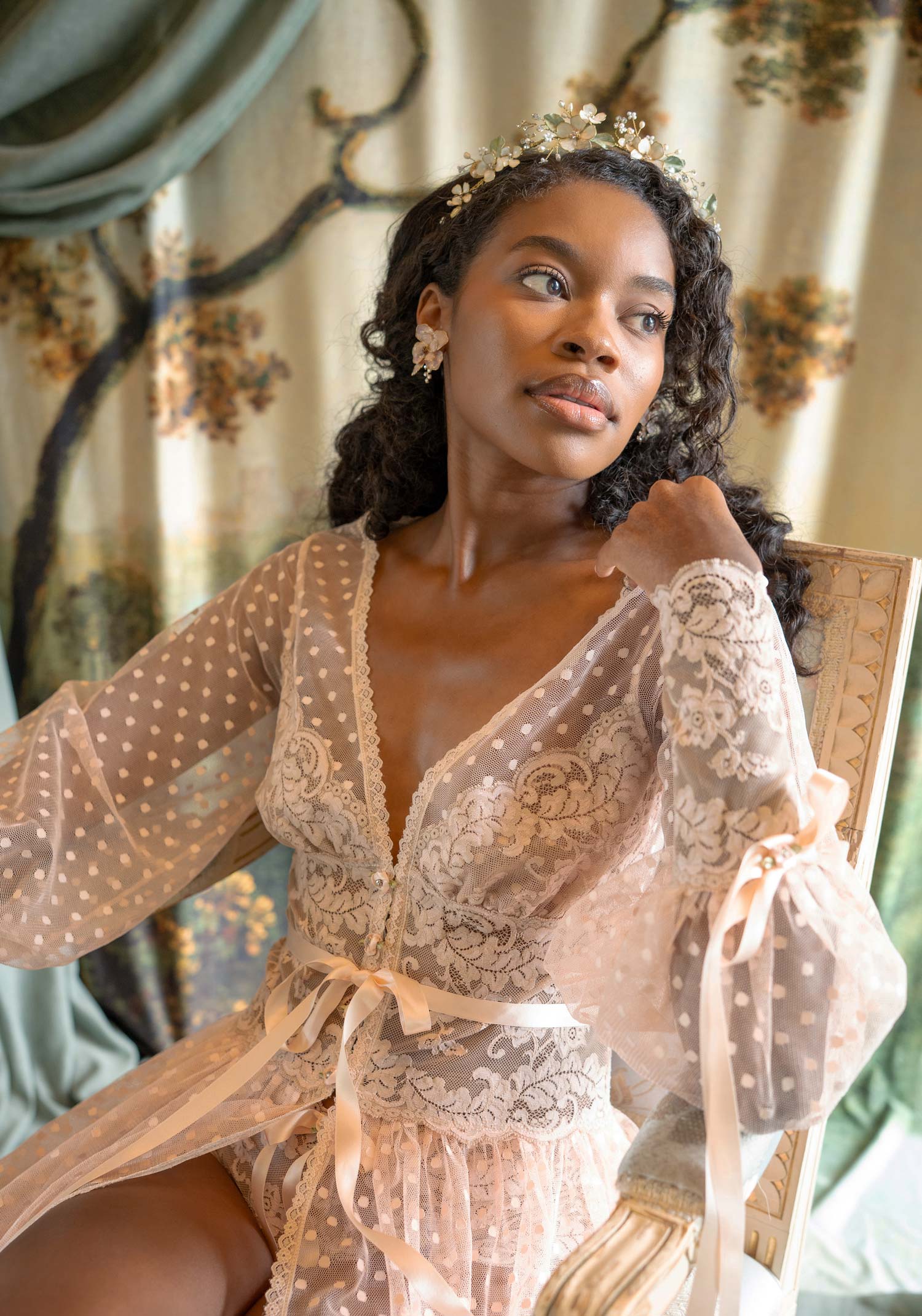 Blush pink dotted tulle boudoir robe with floral lace trim and delicate silk ribbon bow details.