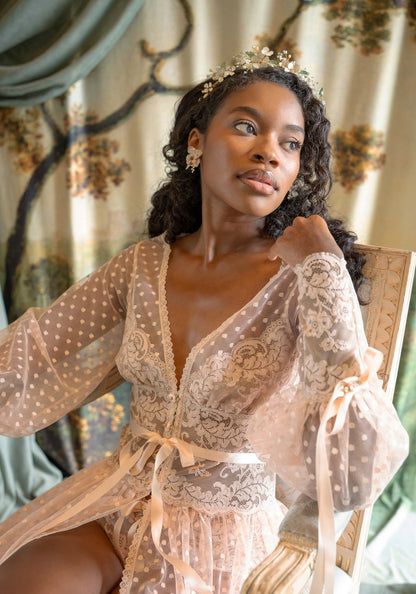 Blush pink dotted tulle boudoir robe with floral lace trim and delicate silk ribbon bow details.