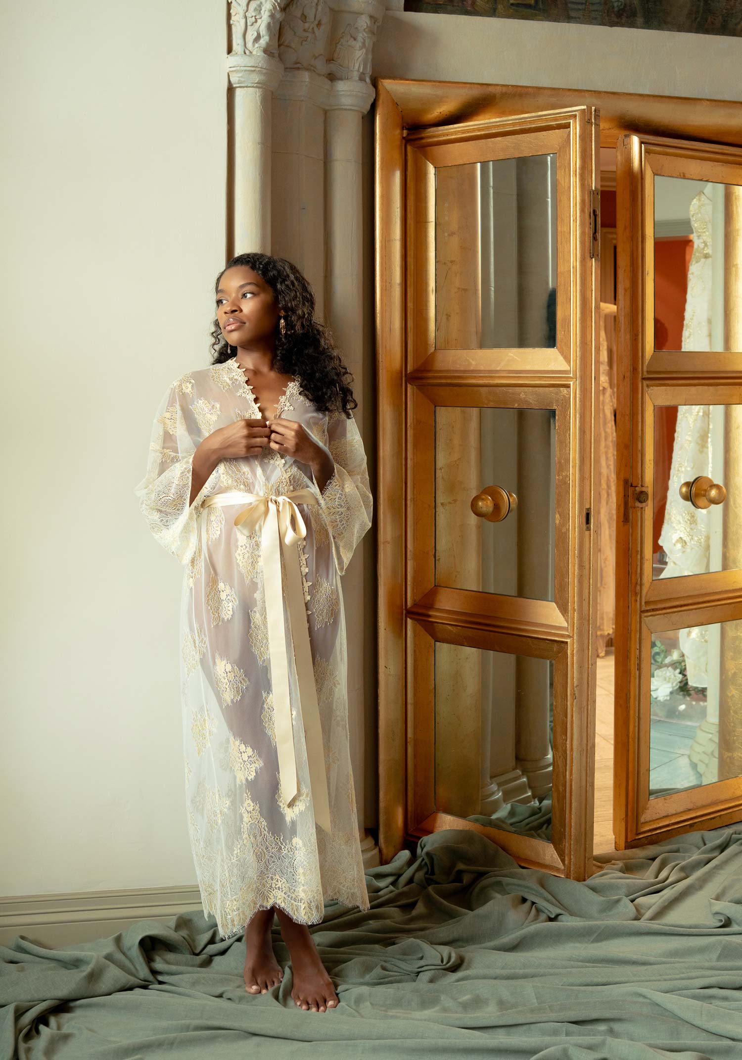 Gilda Luminous Ivory & Gold Chantilly Lace Robe | Claire Pettibone