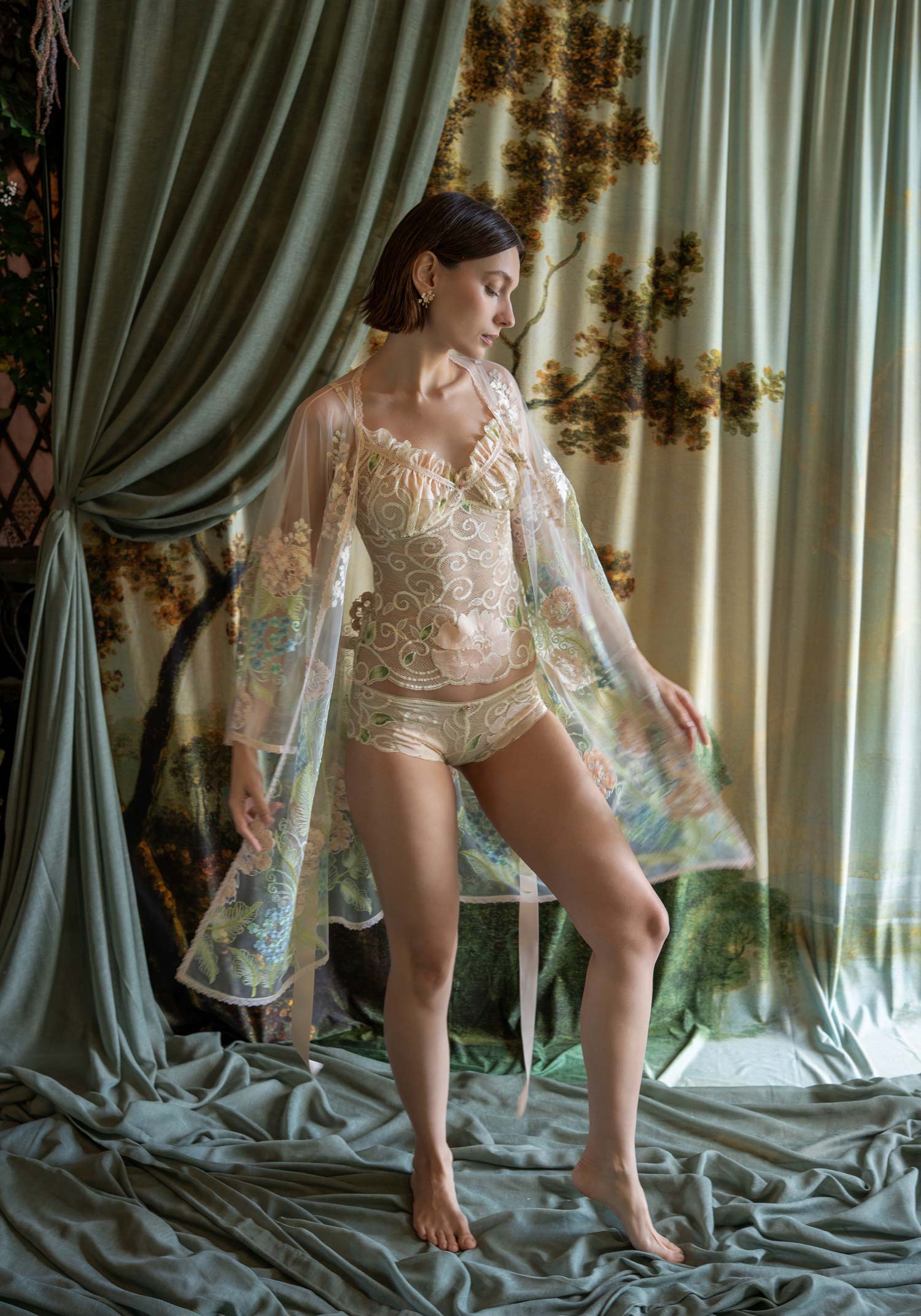 Sheer kimono robe with delicate spring floral embroidery and 3D blossom appliqués.
