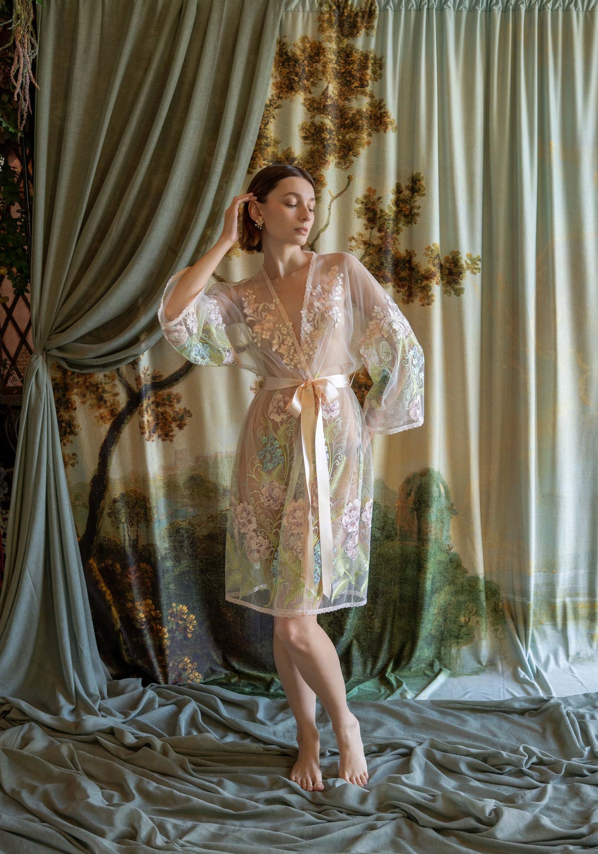 Sheer kimono robe with delicate spring floral embroidery and 3D blossom appliqués.