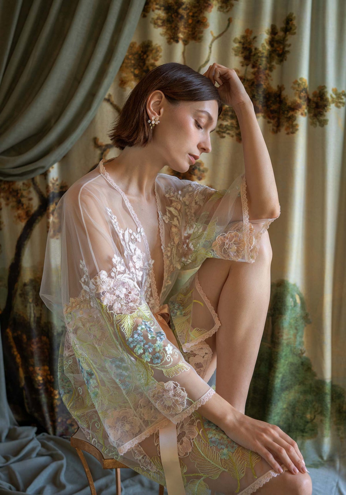 Sheer kimono robe with delicate spring floral embroidery and 3D blossom appliqués.