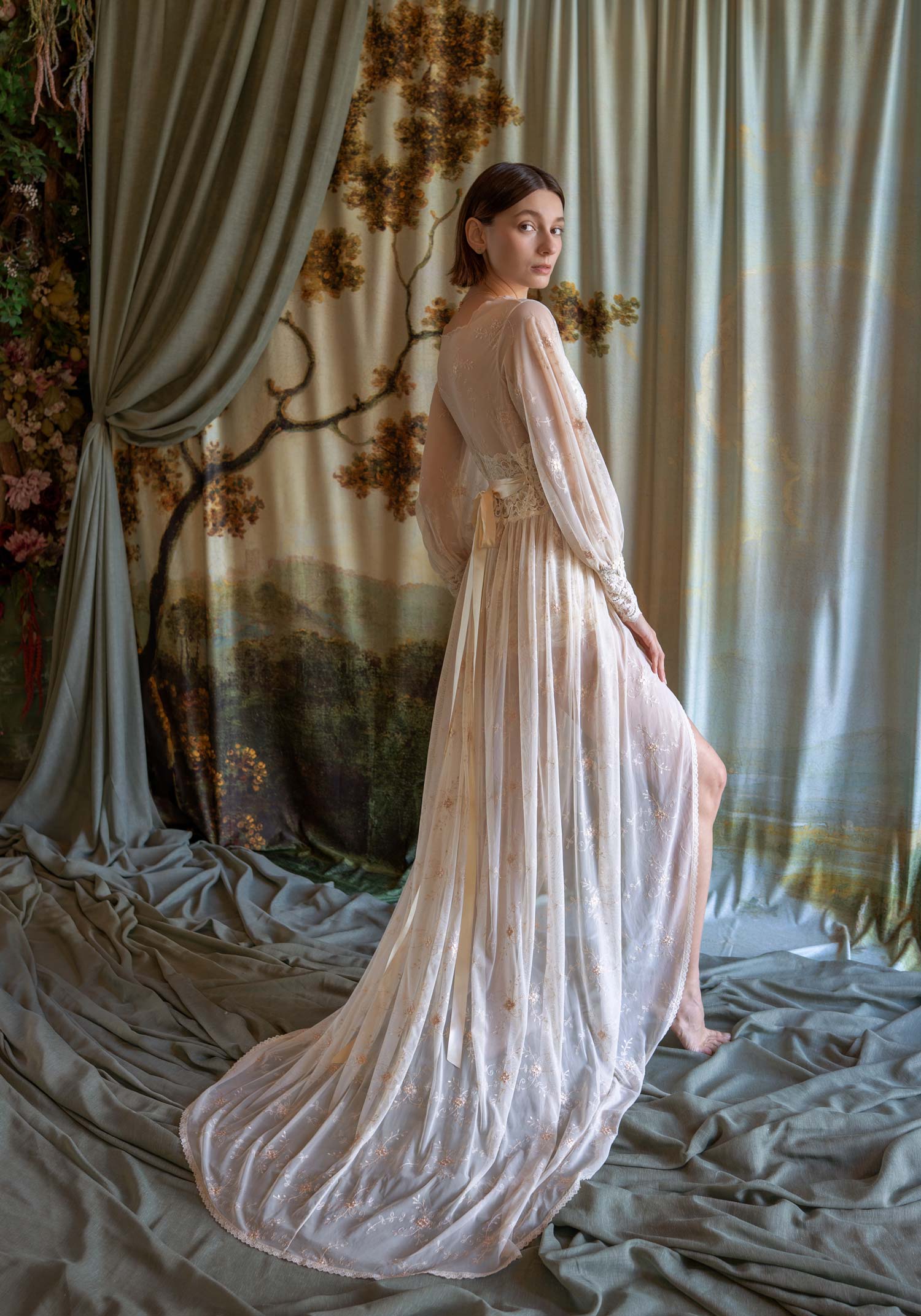 Marie Champagne Embroidered Tulle Boudoir Robe