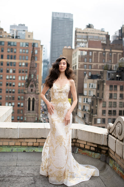 Model in Aurelie Wedding Dress at Claire Pettibone New York Salon 