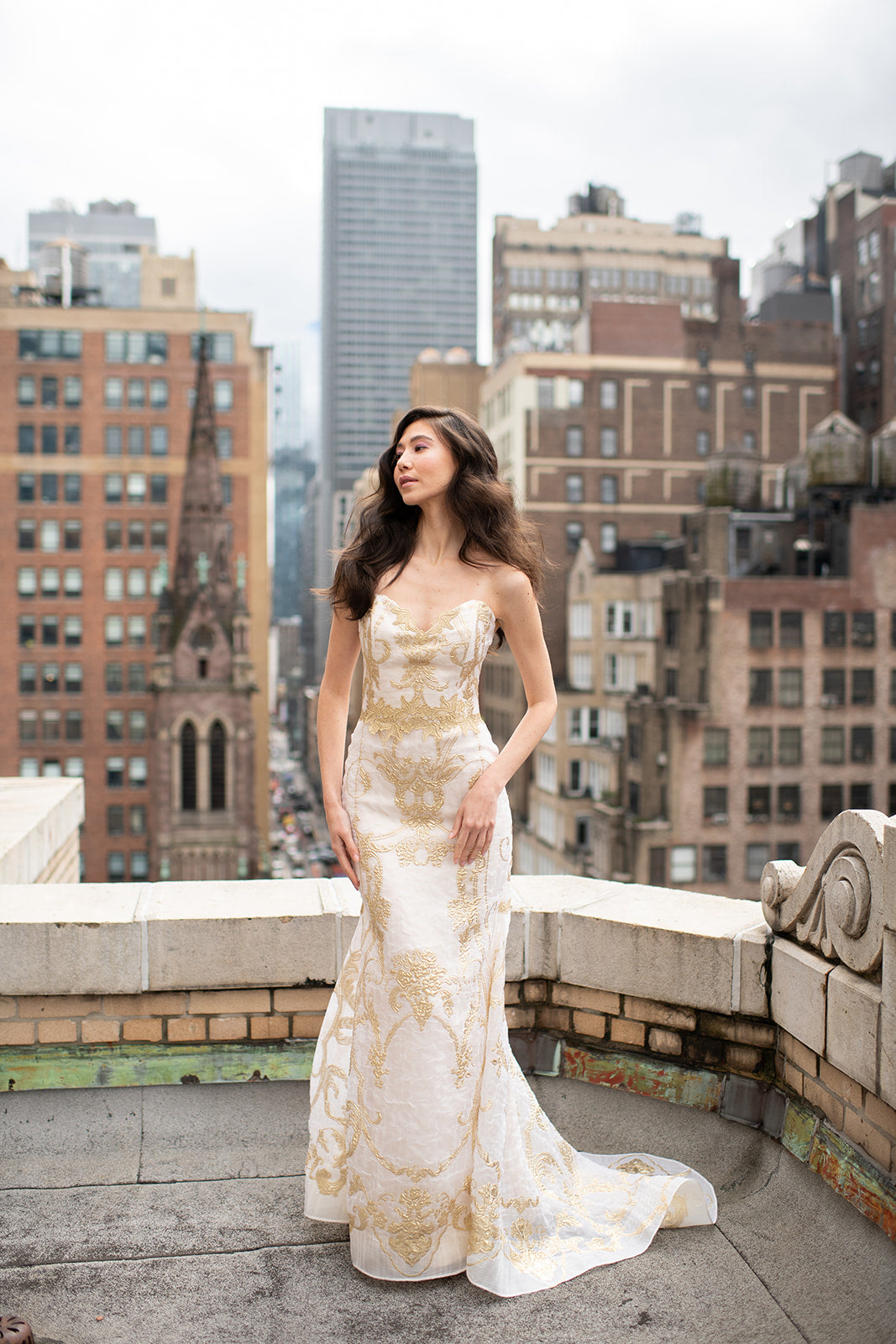 Model in Aurelie Wedding Dress at Claire Pettibone New York Salon