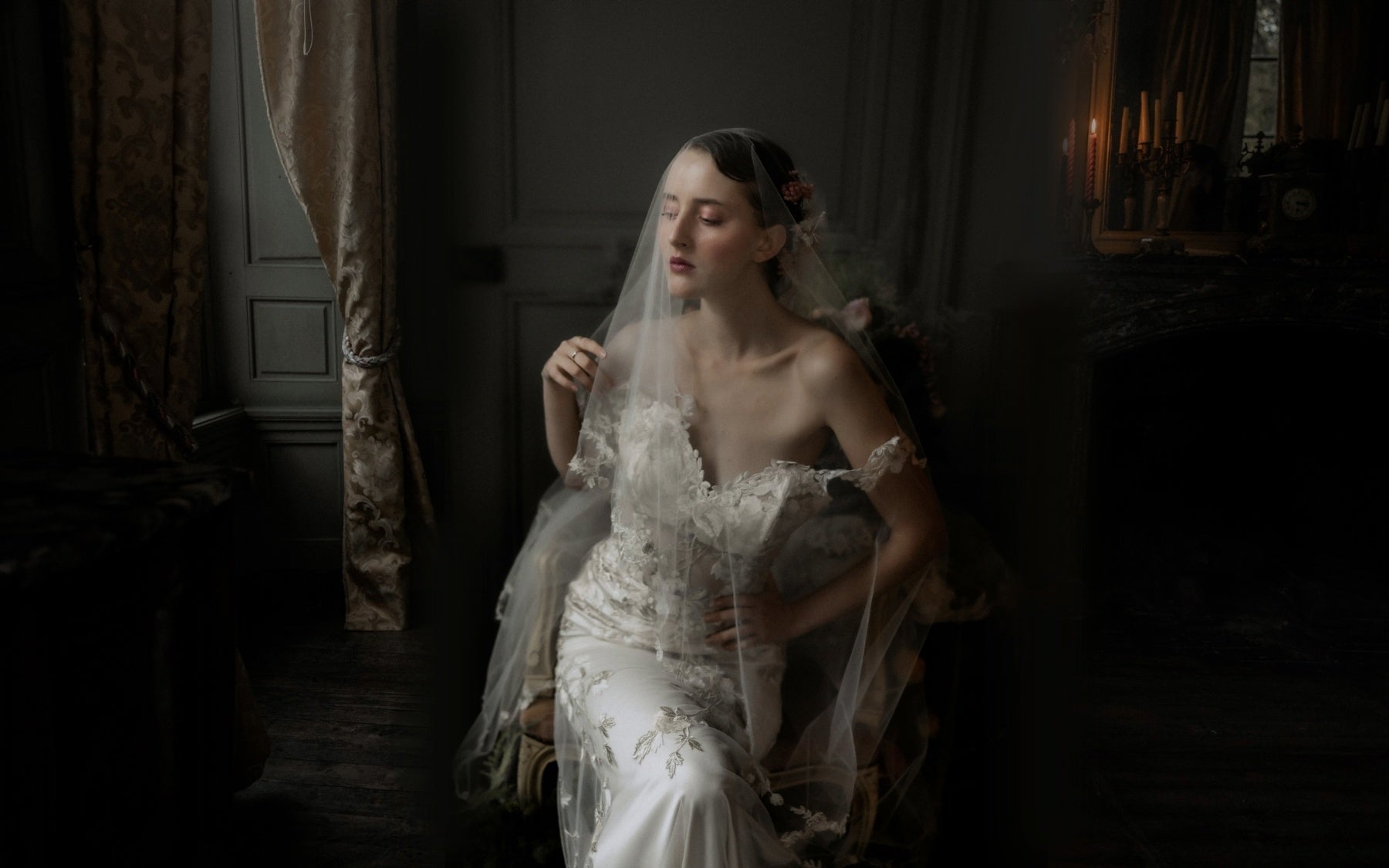 Claire Pettibone Odessa Couture silk lined wedding dress with silver and ivory floral appliques, sweetheart bodice and structured boning with illusion tulle train.