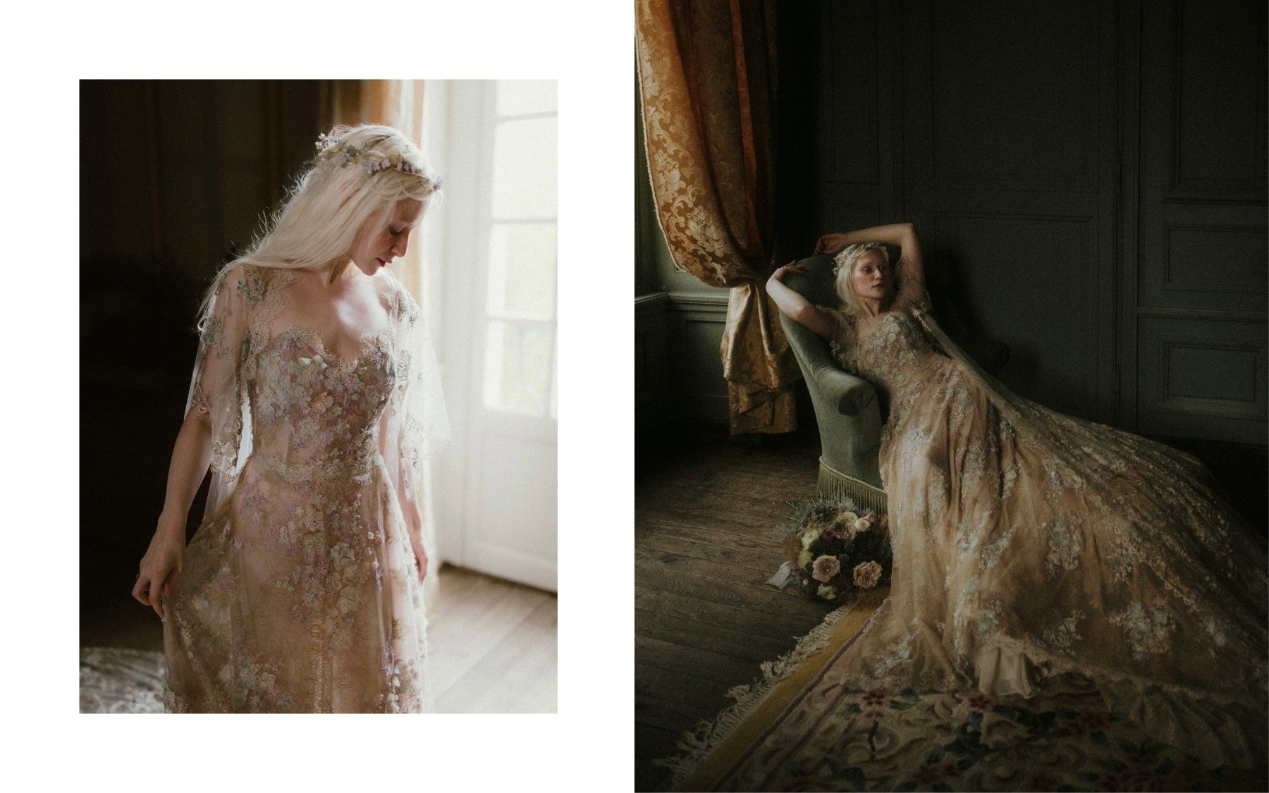 Ophelia Champagne-gold wedding dress by designer Claire Pettibone  featuring lavender, pale blue, and buttercup 3‑D floral accents over gold Chantilly lace with flowing cathedral train.