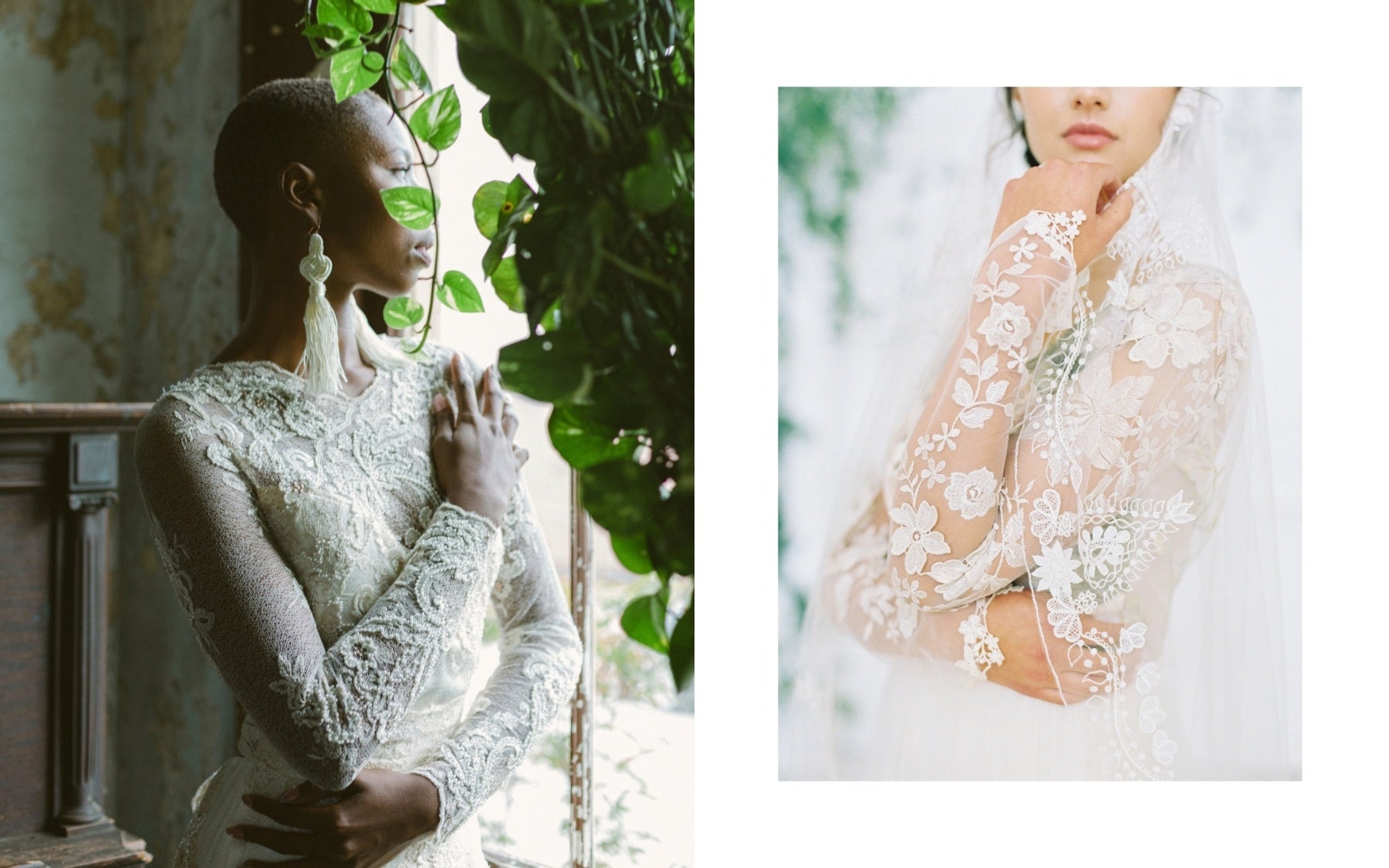 Close-up of long sleeve lace embroidery from Claire Pettibone’s Pearle and Primavera wedding gowns, showcasing detailed floral appliqué and illusion tulle craftsmanship
