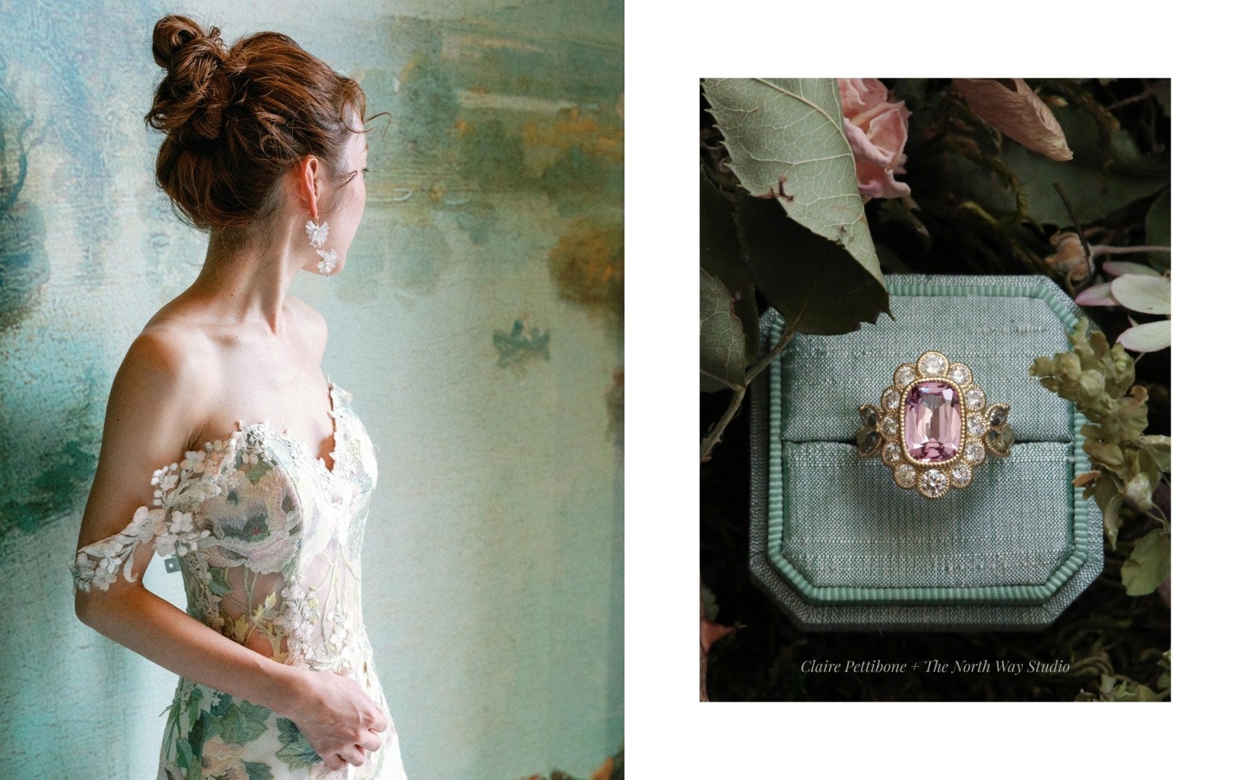The Peony Couture Floral Wedding dress by Claire Pettibone paired with the Peony pink sapphire engagement ring from The Northway Studio.