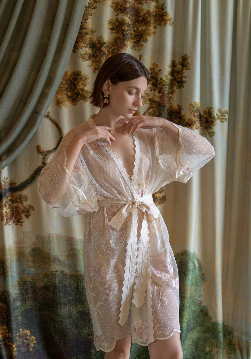 Ivory Swiss dotted tulle kimono robe with pink rose embroidery and delicate scalloped edges.