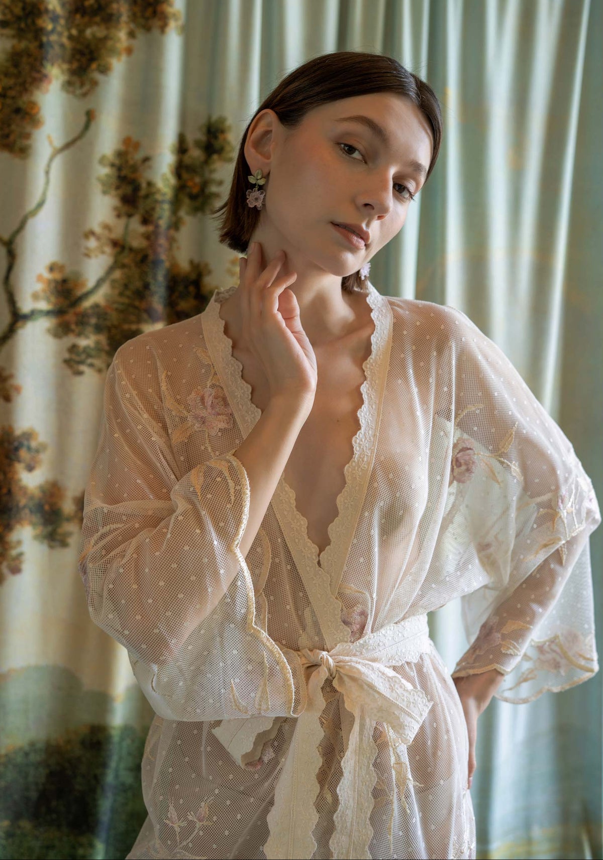 Ivory Swiss dotted tulle kimono robe with pink rose embroidery and delicate scalloped edges.