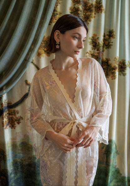 Ivory Swiss dotted tulle kimono robe with pink rose embroidery and delicate scalloped edges.