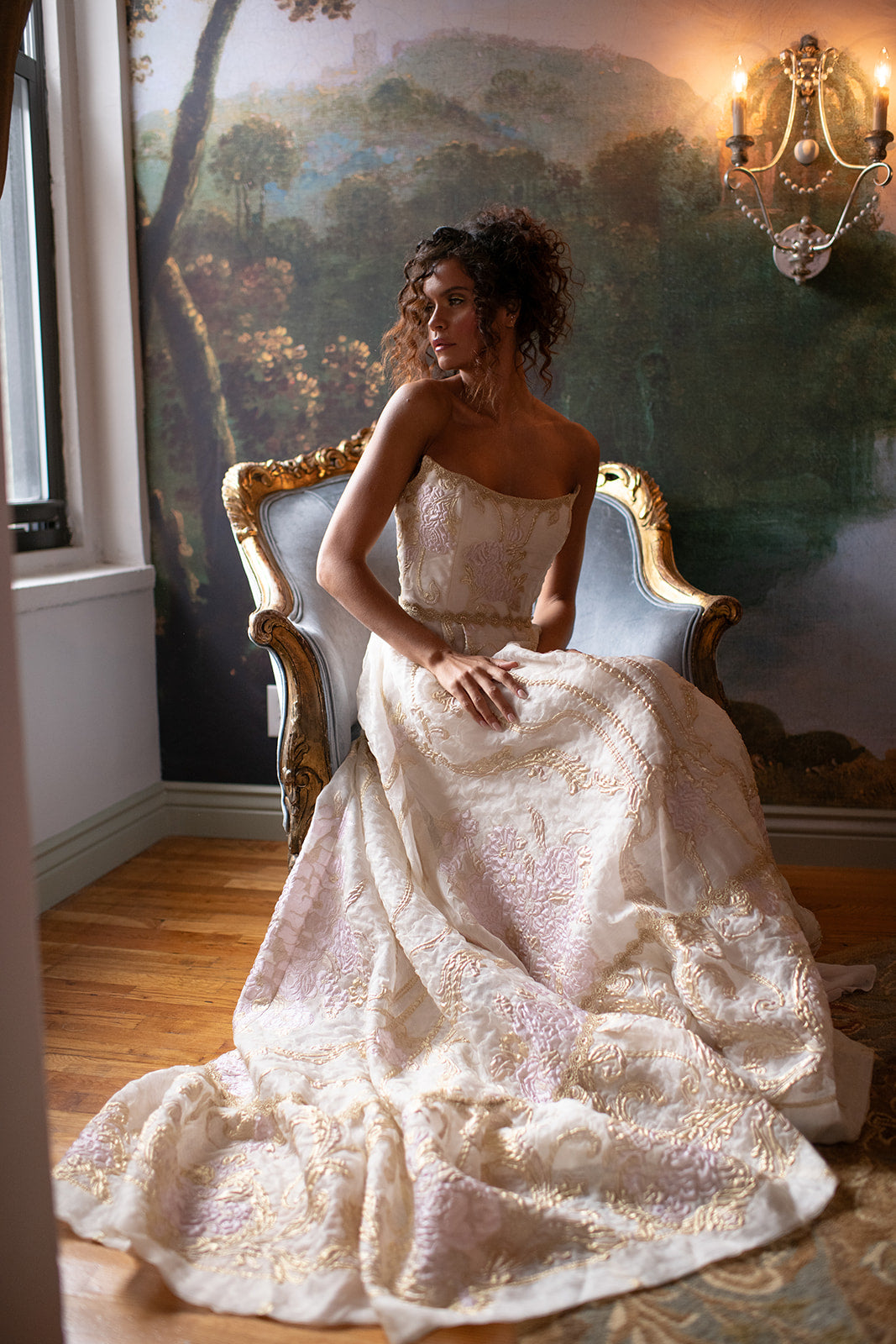 Désirée Wedding Gown Elegant Ivory Silk Organza Gold Lace Trim Gown