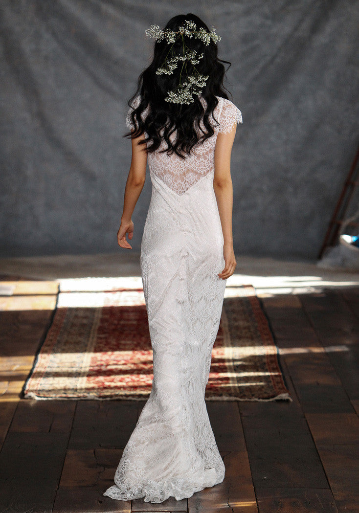 Estelle Lace Bridal Gown Romantique Claire Pettibone back view runway
